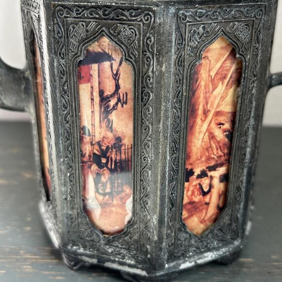 Antique Chinese 1910 Swatow Pewter 8 Panel Reverse Painted Glass Teapot, NO LID - Picture 12 of 13